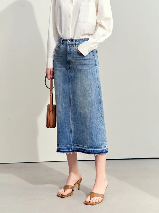 AMII Minimalism 2024 Summer New Casual Denim Style Women Jeans Skirts Letters Embroidery Open Fork Female A-line Skirt 12442282
