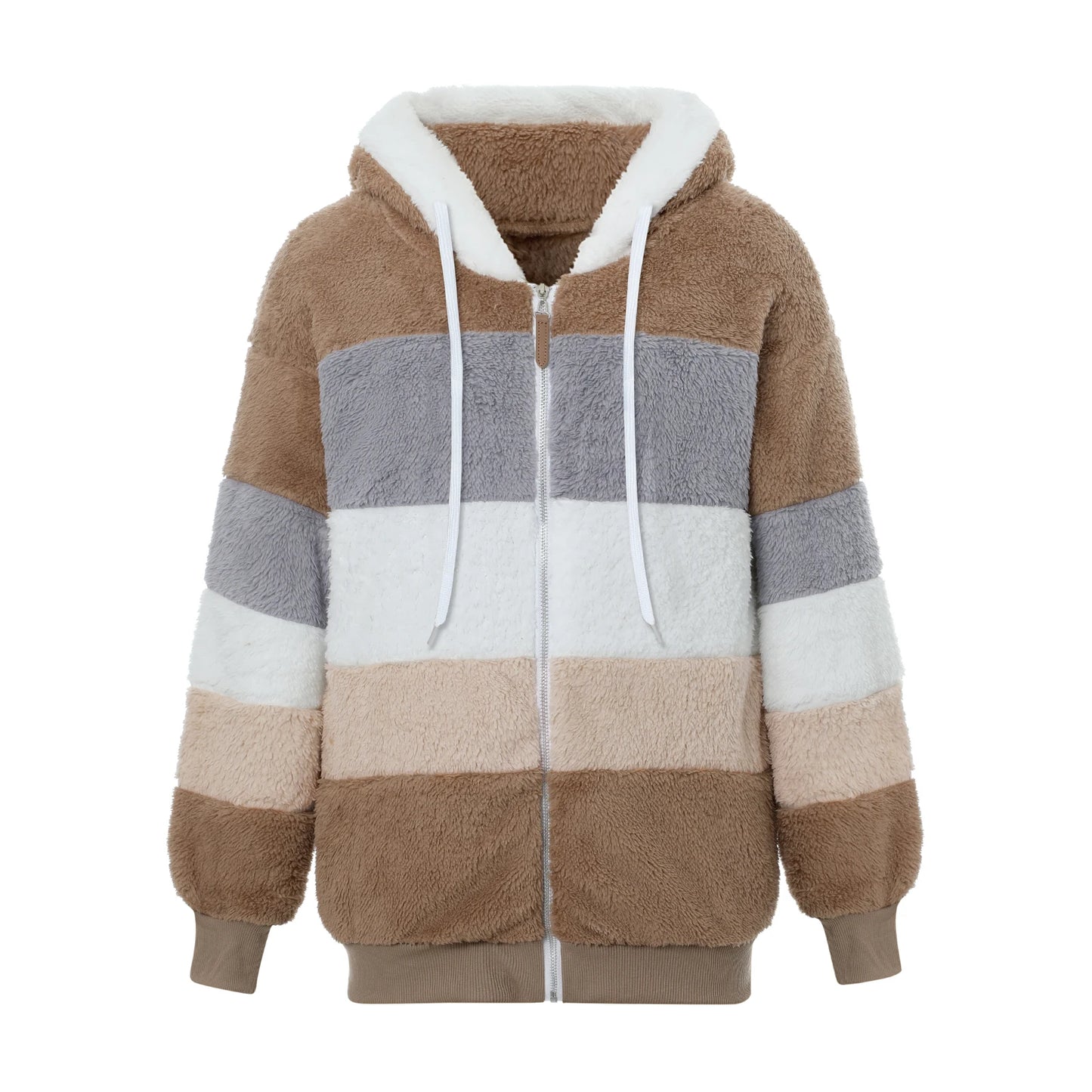New Fashion Women Contrast Color Hooded Coat, Long Sleeve Zip-up Plush Tops for Spring, Autumn