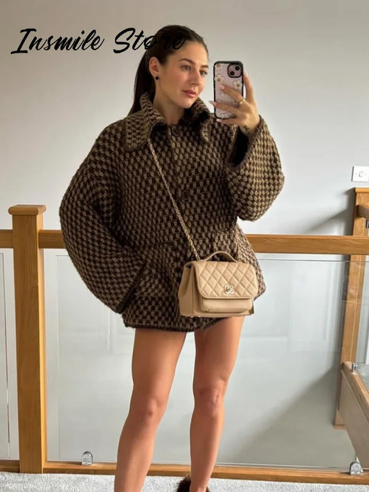 Elegant Caramel Shawl Collar Knit Plaid Coat Women Loose Single Breast Full Sleeve Pocket Sweater 2025 Autumn Lady Chic Outwear