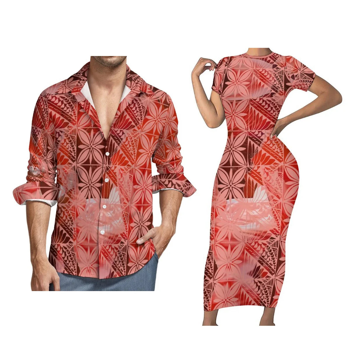 Women Polynesian Tight Short Sleeve Dress Samoan Style Men Long Sleeve Shirt Green Blue Printed Couple Suit