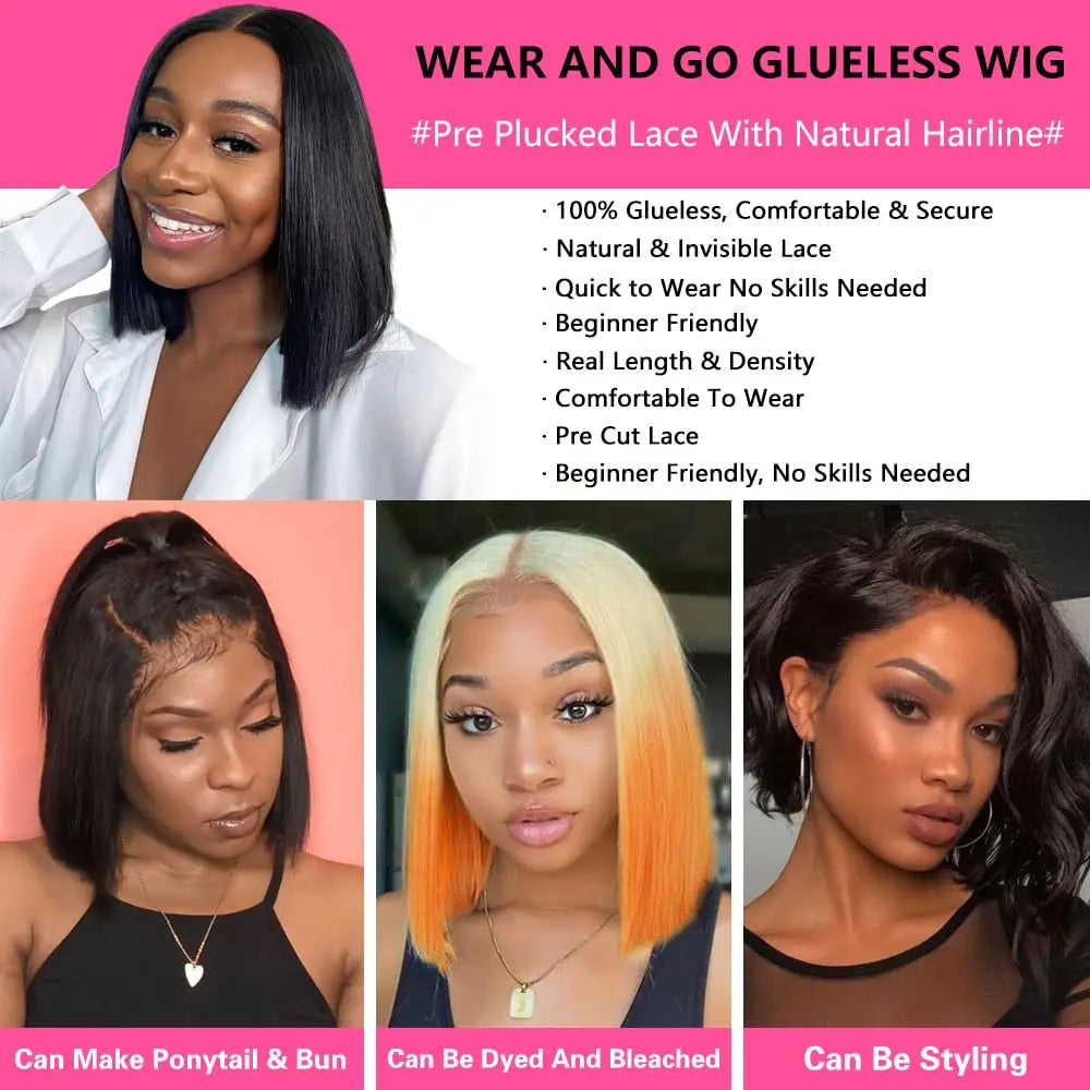 Wear And Go Glueless Wigs Echthaar Bob Glatt Vorgeschnittene Lace Front Wigs Echthaar Verbesserte Klebstofffreie Lace Front Wigs für Frauen