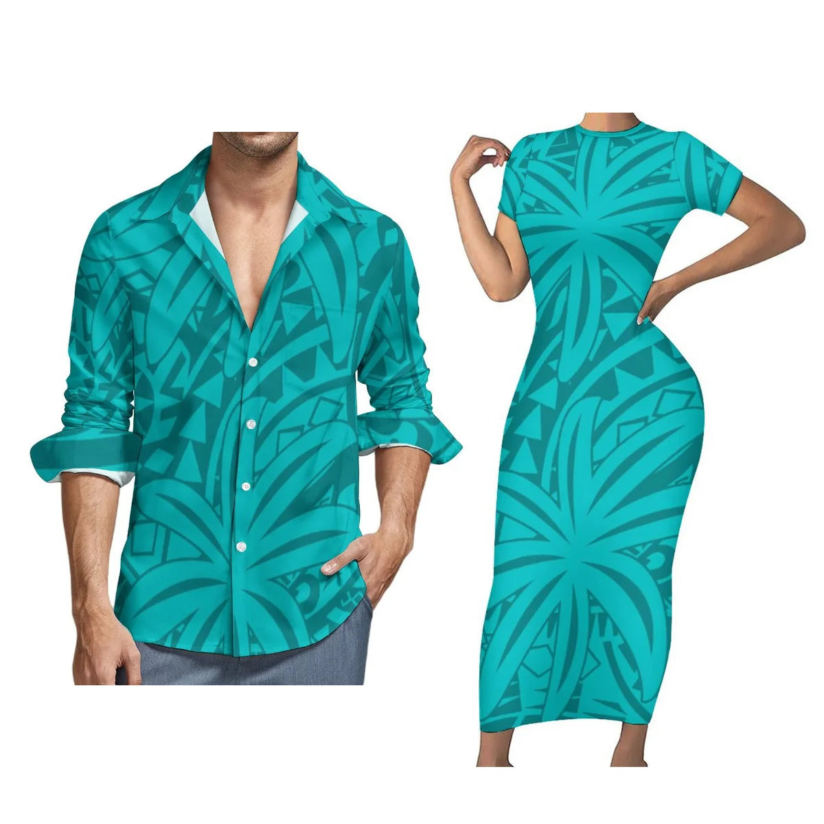 Women Polynesian Tight Short Sleeve Dress Samoan Style Men Long Sleeve Shirt Green Blue Printed Couple Suit