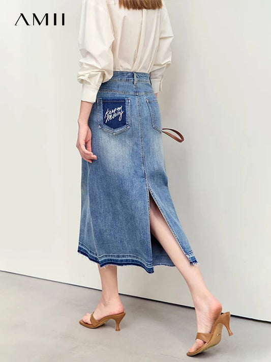 AMII Minimalism 2024 Summer New Casual Denim Style Women Jeans Skirts Letters Embroidery Open Fork Female A-line Skirt 12442282