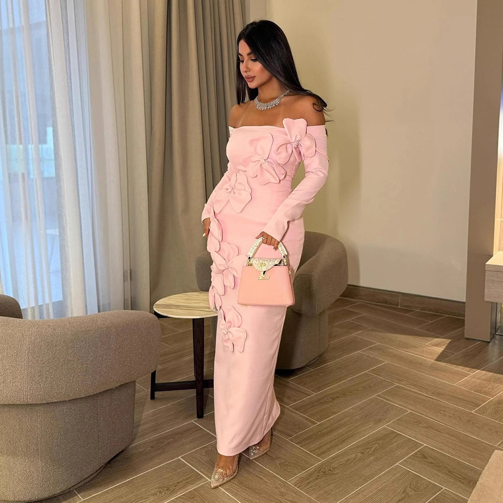 Women’s Elegant 3D Flowers Chic Evening Dress Sexy Off-Shoulder Pink Long Sleeve High Waist Cocktail Party Prom Robe Maxi Dress
