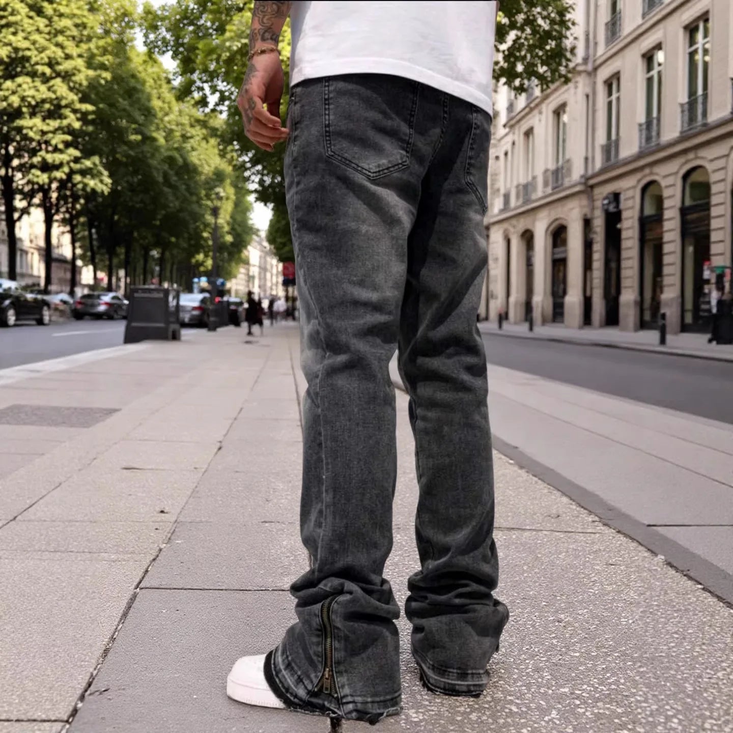 Mens Washed Light Blue Jeans Loose Straight Leg Bell Bottom Pants High Street Fashion Casual Trousers