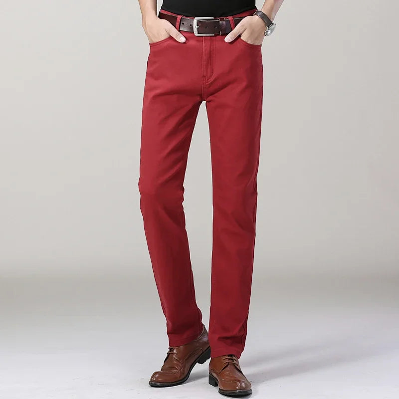 Men's Jeans Pure White Fashion Elastic Slim Youth Slimming Straight Leg Male Pants Business Casual Middle Age High End Trousers