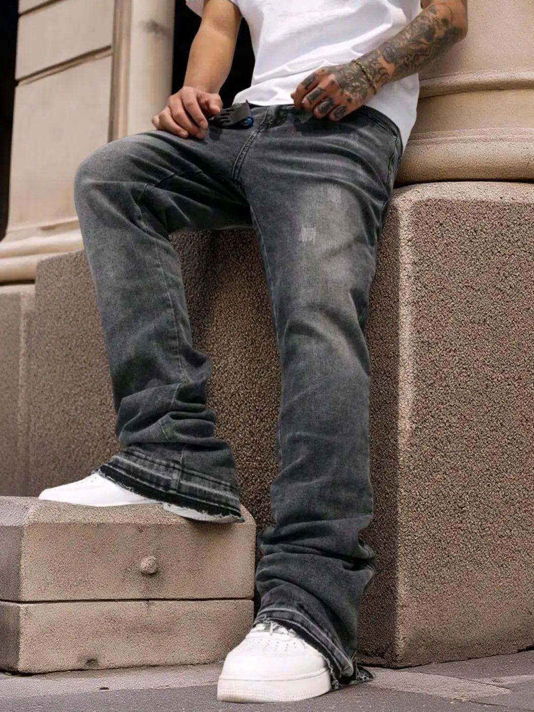 Mens Washed Light Blue Jeans Loose Straight Leg Bell Bottom Pants High Street Fashion Casual Trousers