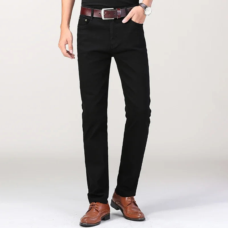 Men's Jeans Pure White Fashion Elastic Slim Youth Slimming Straight Leg Male Pants Business Casual Middle Age High End Trousers