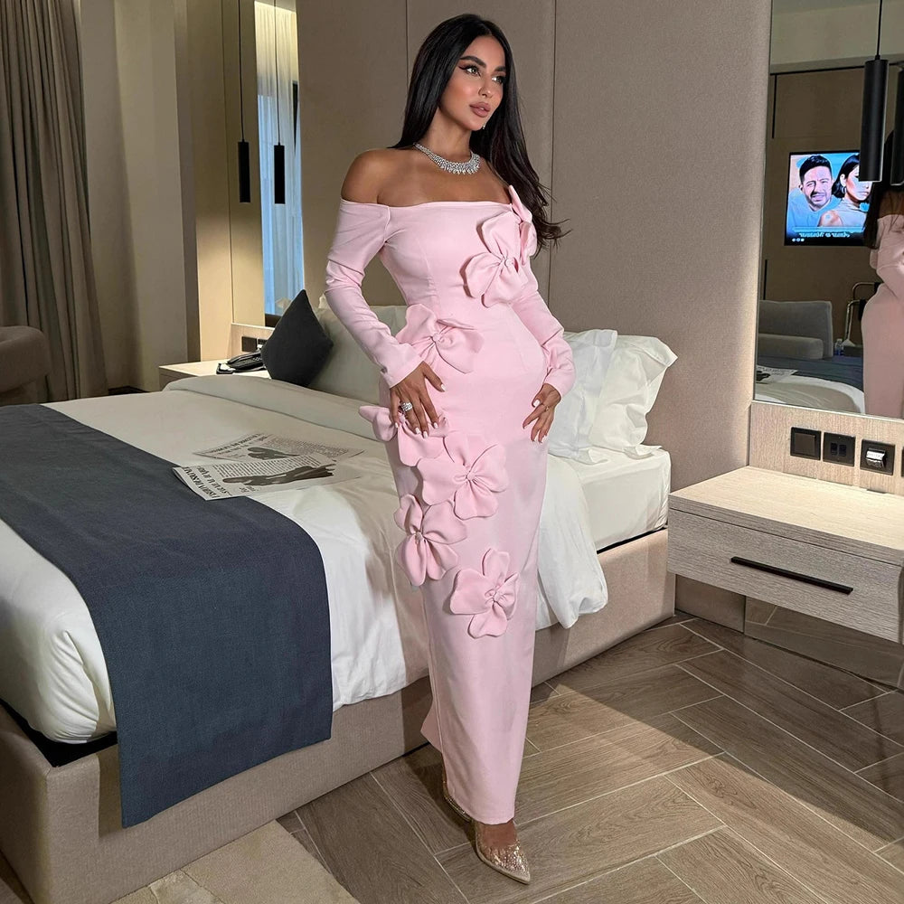 Women’s Elegant 3D Flowers Chic Evening Dress Sexy Off-Shoulder Pink Long Sleeve High Waist Cocktail Party Prom Robe Maxi Dress