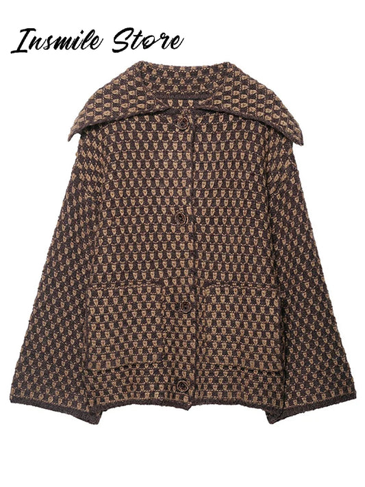 Elegant Caramel Shawl Collar Knit Plaid Coat Women Loose Single Breast Full Sleeve Pocket Sweater 2025 Autumn Lady Chic Outwear