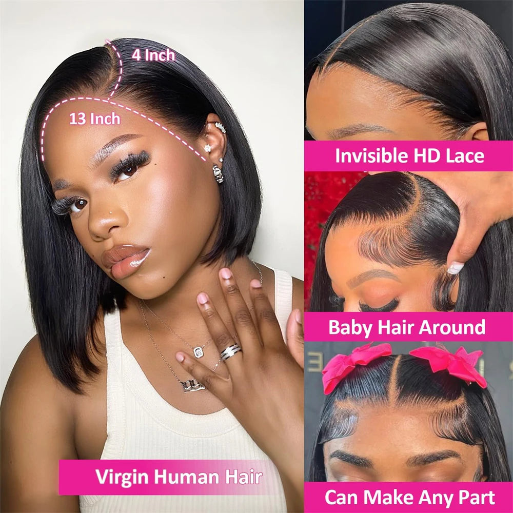 Bob Perücke Echthaar 13x4 HD Lace Front Echthaarperücken für schwarze Frauen Klebstofflose Lace Front Perücken vorgezupft, vorgeschnitten, gerader Bob