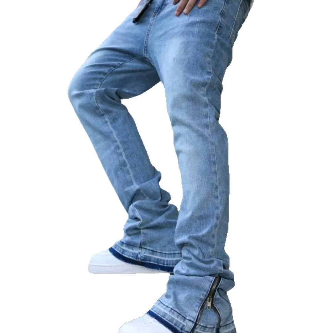 Mens Washed Light Blue Jeans Loose Straight Leg Bell Bottom Pants High Street Fashion Casual Trousers