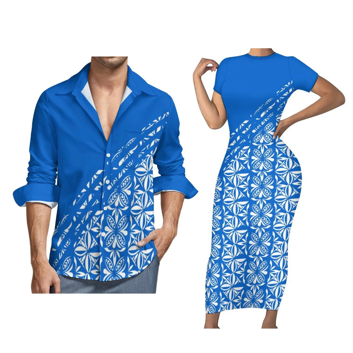 Women Polynesian Tight Short Sleeve Dress Samoan Style Men Long Sleeve Shirt Green Blue Printed Couple Suit