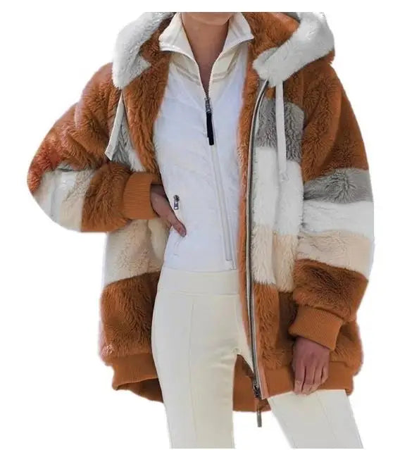 New Fashion Women Contrast Color Hooded Coat, Long Sleeve Zip-up Plush Tops for Spring, Autumn