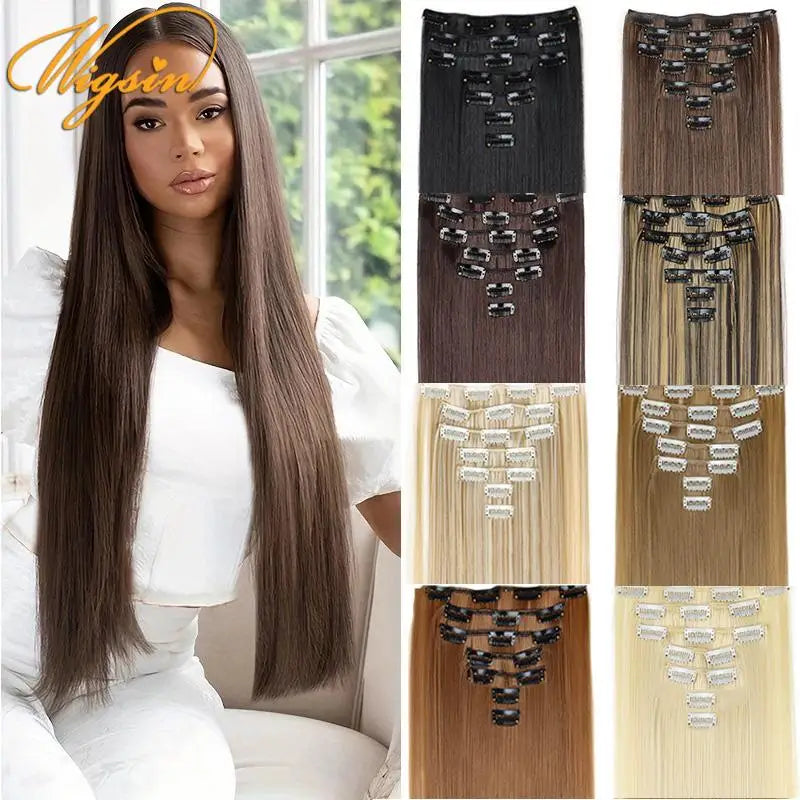 WIGSIN 24 Zoll Synthetisches 7-teiliges Set Lange glatte Haarverlängerung 16 Clips Frisur Schwarz Blond Haarteil für Damen