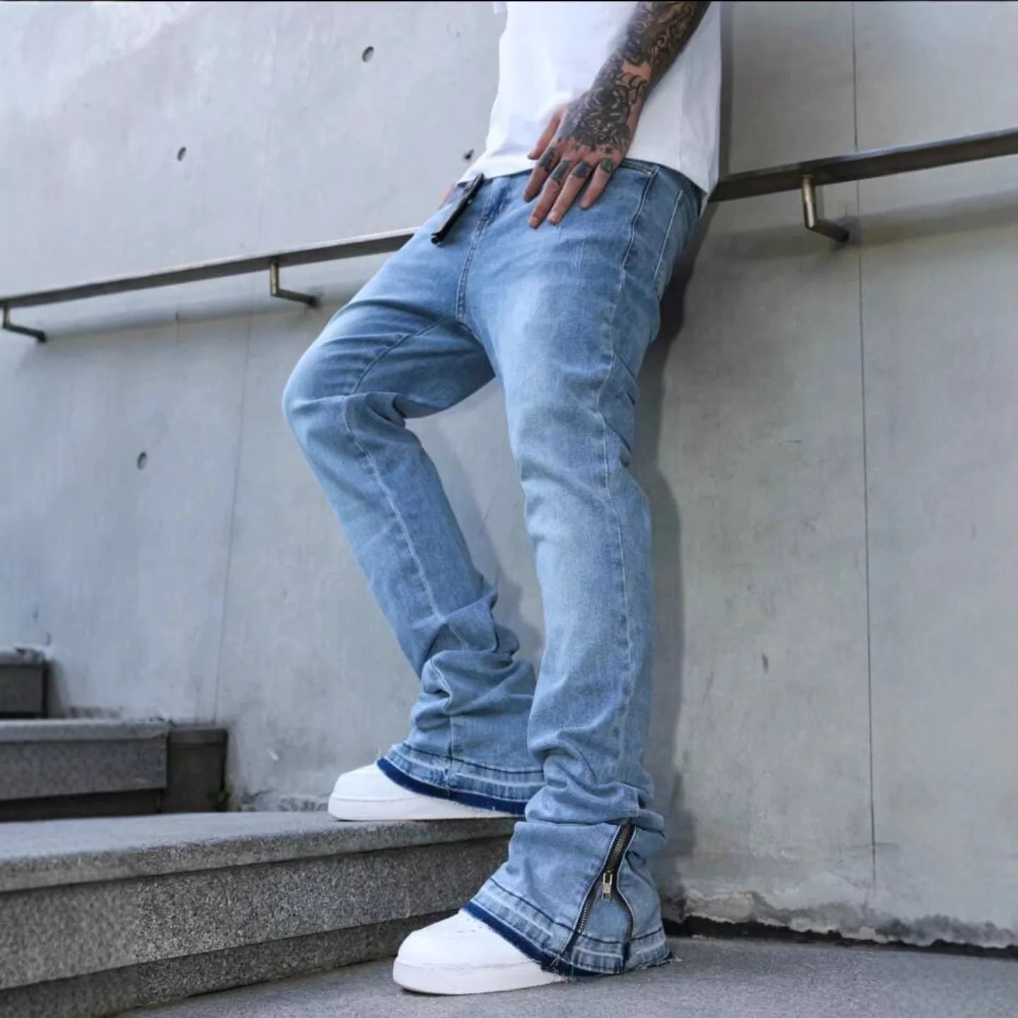 Mens Washed Light Blue Jeans Loose Straight Leg Bell Bottom Pants High Street Fashion Casual Trousers