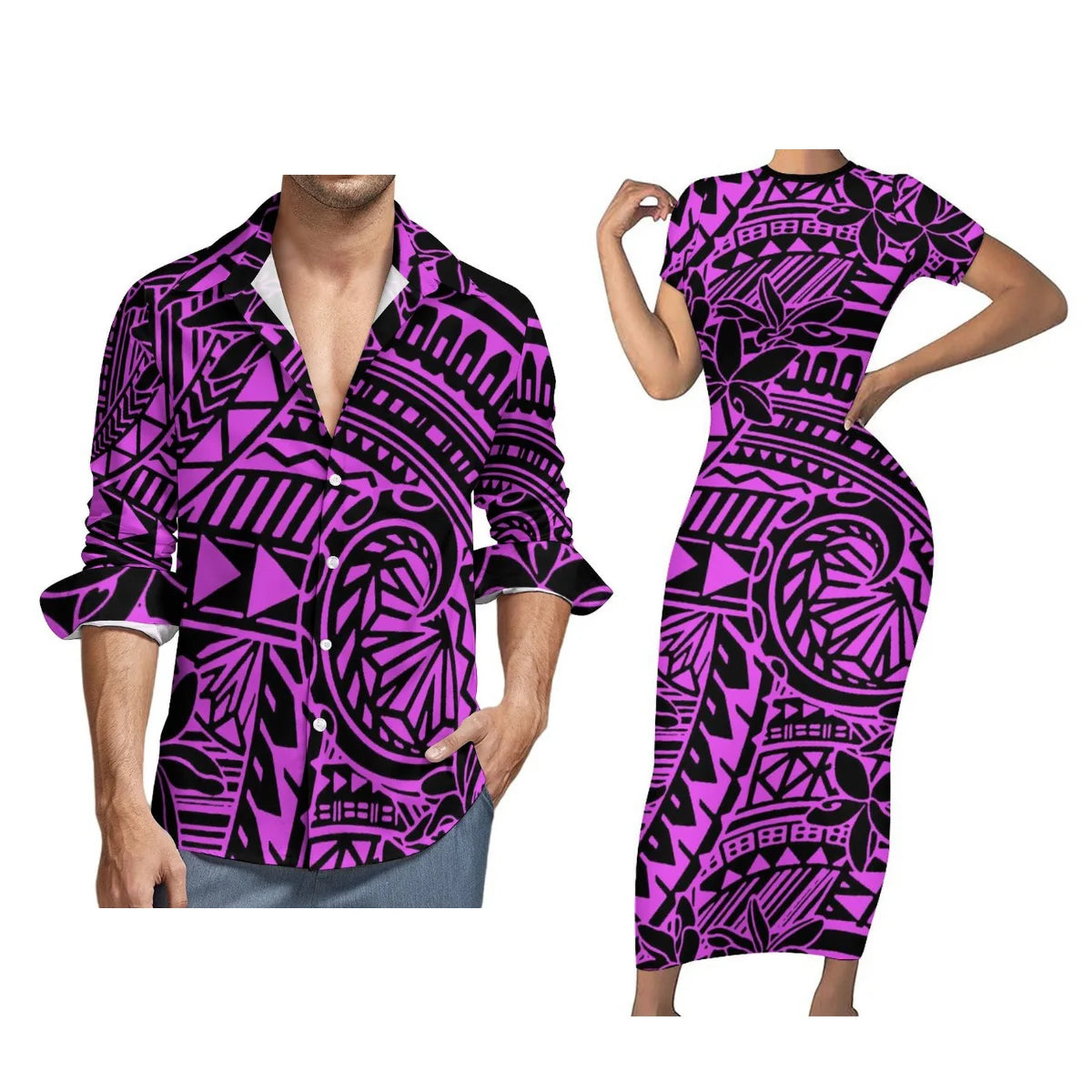 Women Polynesian Tight Short Sleeve Dress Samoan Style Men Long Sleeve Shirt Green Blue Printed Couple Suit