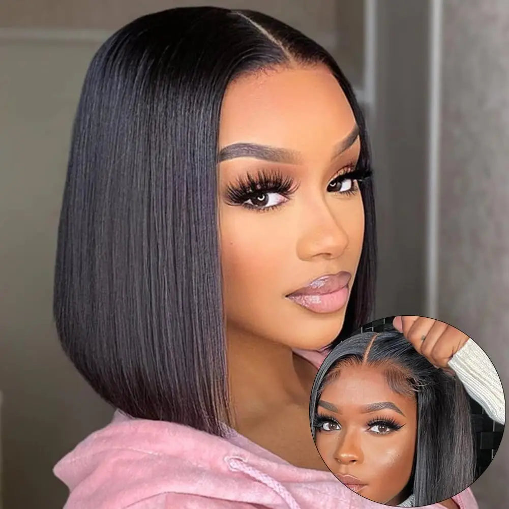 Wear And Go Glueless Wigs Echthaar Bob Glatt Vorgeschnittene Lace Front Wigs Echthaar Verbesserte Klebstofffreie Lace Front Wigs für Frauen