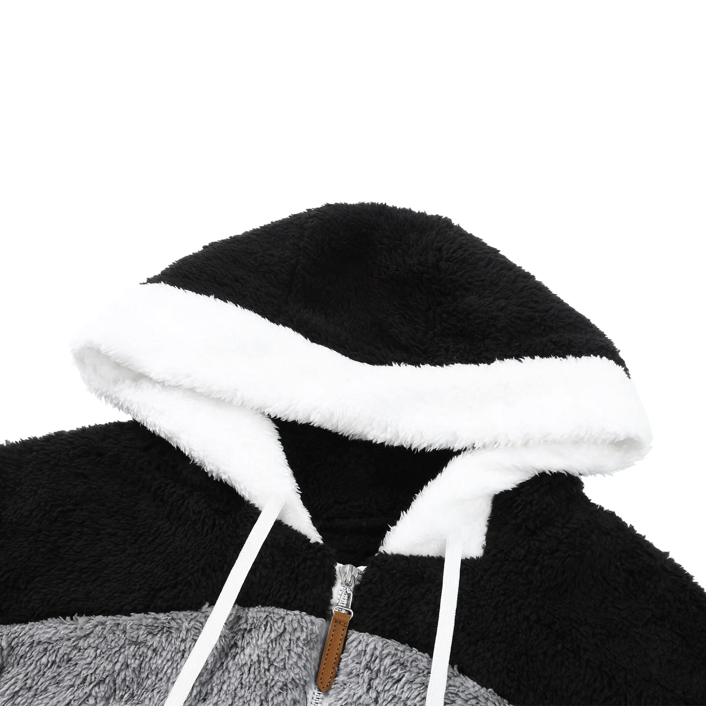 New Fashion Women Contrast Color Hooded Coat, Long Sleeve Zip-up Plush Tops for Spring, Autumn