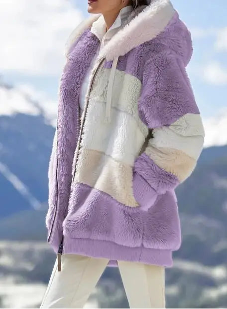 New Fashion Women Contrast Color Hooded Coat, Long Sleeve Zip-up Plush Tops for Spring, Autumn