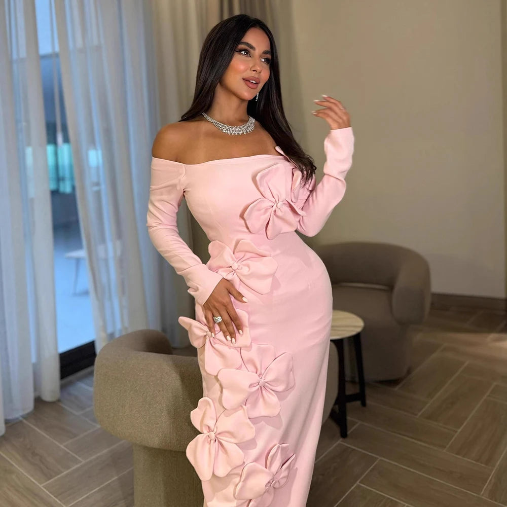 Women’s Elegant 3D Flowers Chic Evening Dress Sexy Off-Shoulder Pink Long Sleeve High Waist Cocktail Party Prom Robe Maxi Dress