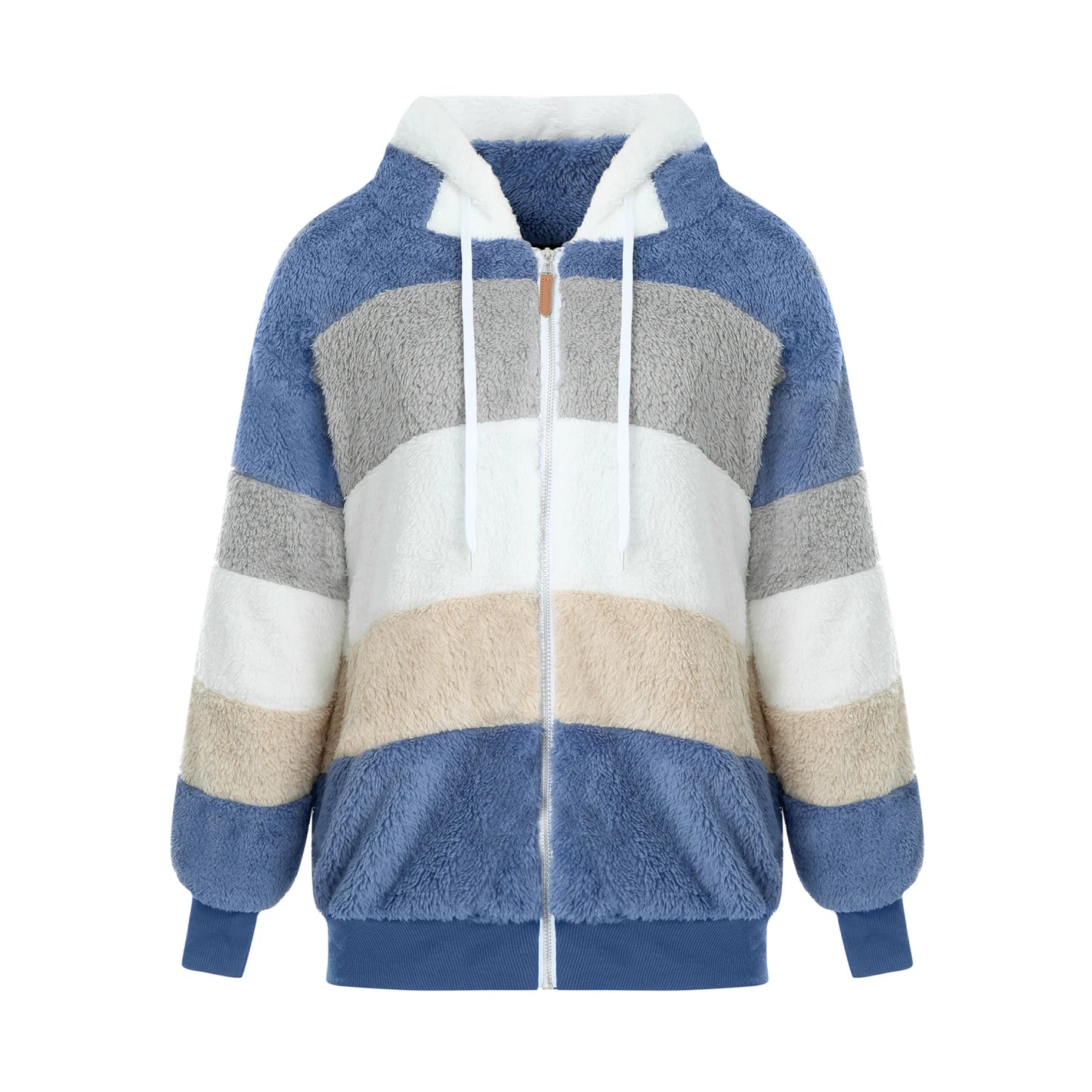 New Fashion Women Contrast Color Hooded Coat, Long Sleeve Zip-up Plush Tops for Spring, Autumn