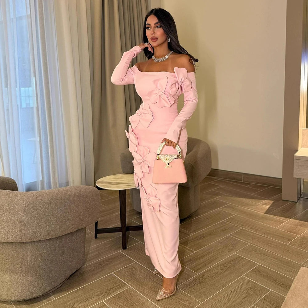 Women’s Elegant 3D Flowers Chic Evening Dress Sexy Off-Shoulder Pink Long Sleeve High Waist Cocktail Party Prom Robe Maxi Dress