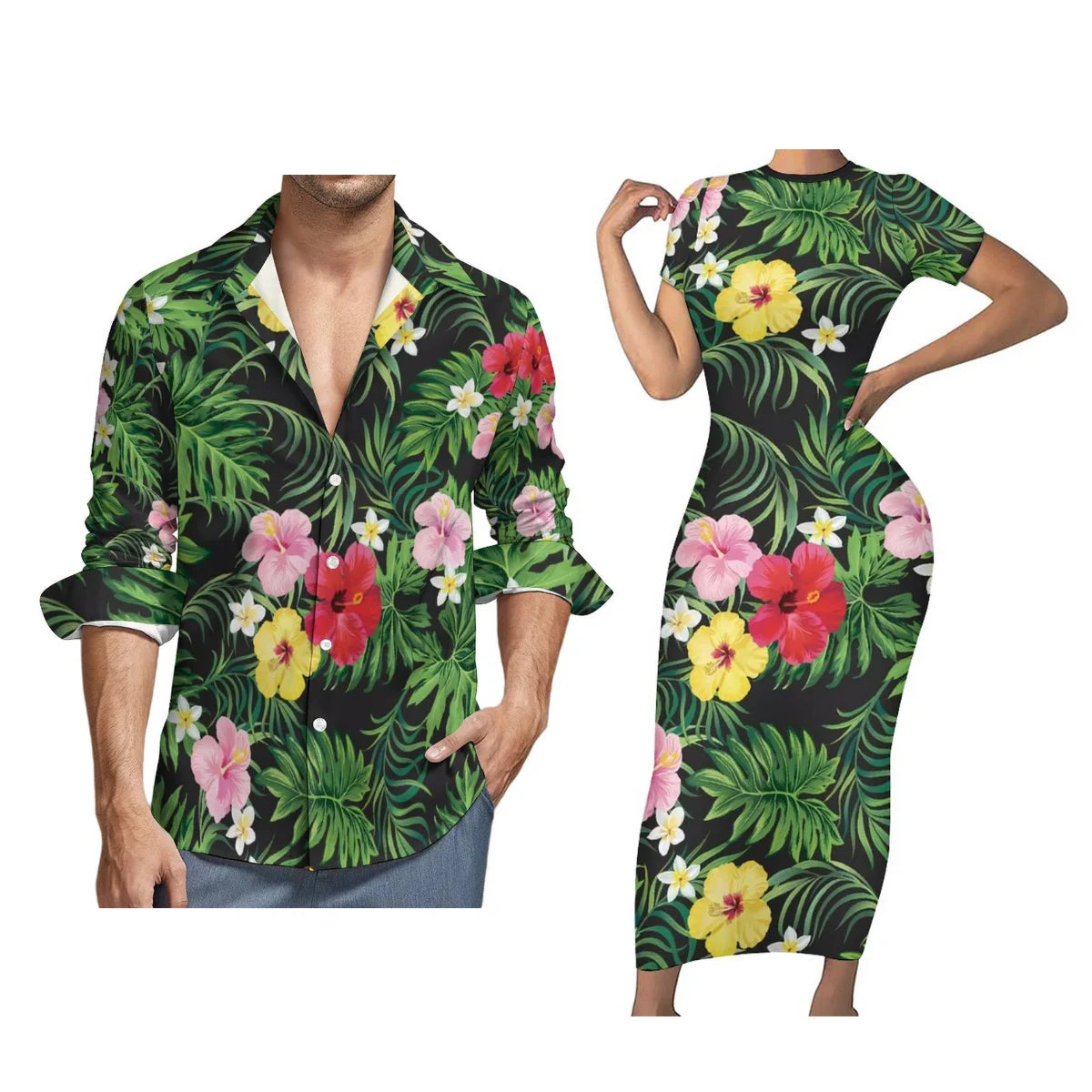 Women Polynesian Tight Short Sleeve Dress Samoan Style Men Long Sleeve Shirt Green Blue Printed Couple Suit