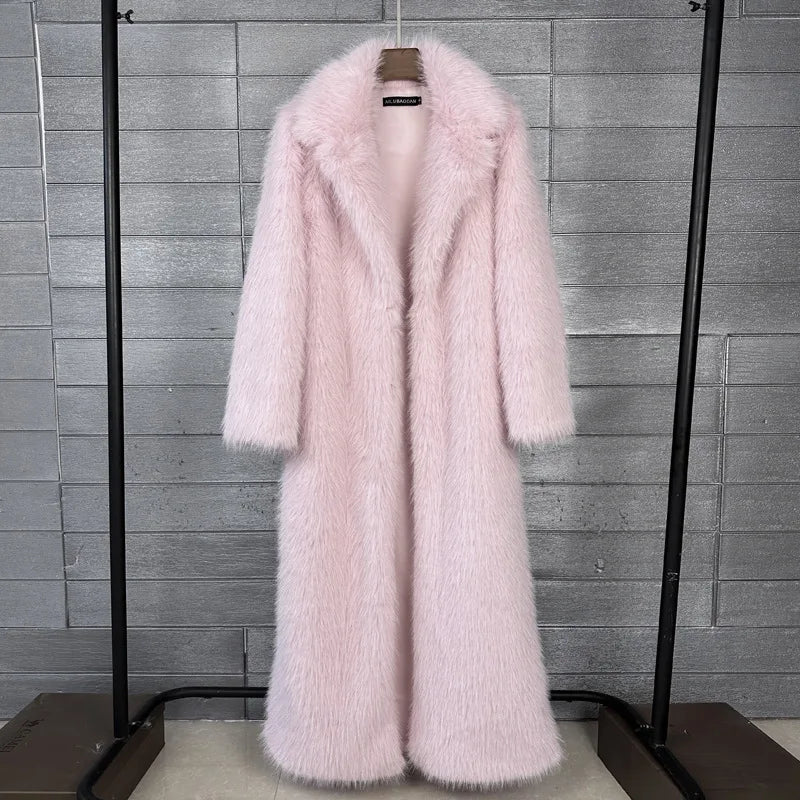 Faux Fur Coat Women Autumn Winter Large Jacket Overcoat Turn Down Collar Soild Maxi Coats Thick Warm Long Jackets Clothing 2025