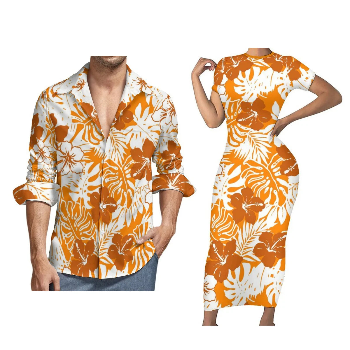 Women Polynesian Tight Short Sleeve Dress Samoan Style Men Long Sleeve Shirt Green Blue Printed Couple Suit