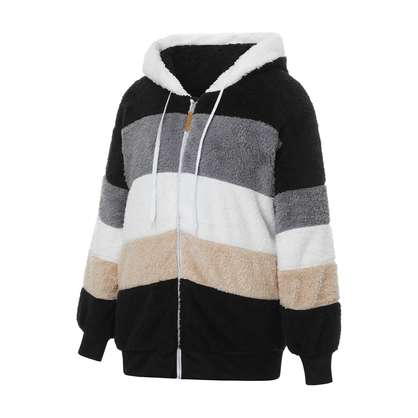 New Fashion Women Contrast Color Hooded Coat, Long Sleeve Zip-up Plush Tops for Spring, Autumn