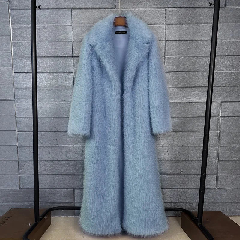 Faux Fur Coat Women Autumn Winter Large Jacket Overcoat Turn Down Collar Soild Maxi Coats Thick Warm Long Jackets Clothing 2025