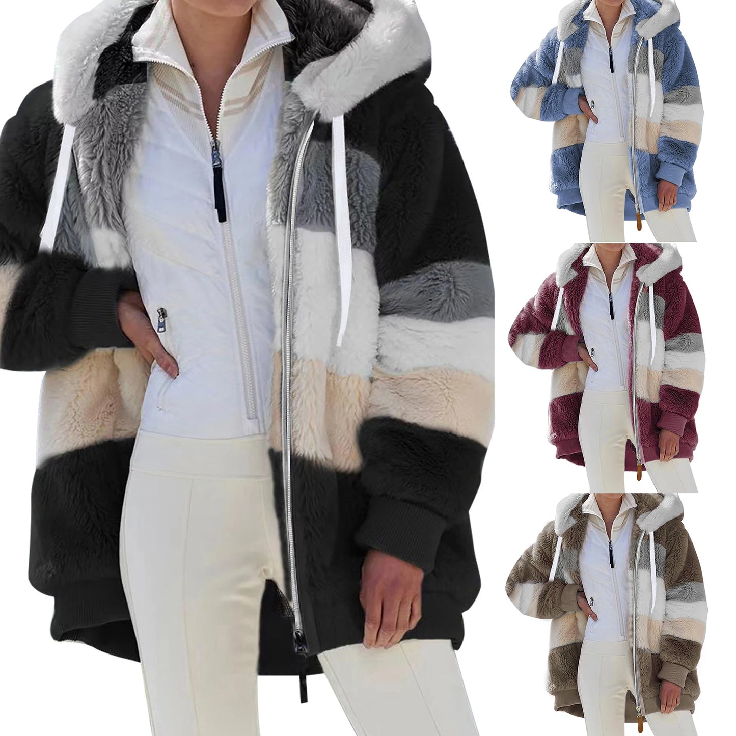 New Fashion Women Contrast Color Hooded Coat, Long Sleeve Zip-up Plush Tops for Spring, Autumn