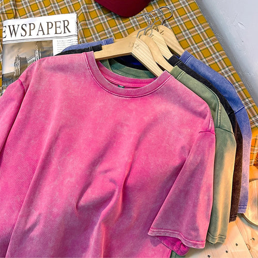 Vintage Snowflake Point Solid Color T-Shirts For Women Men 100% Cotton Short Sleeve Wash With Old Water Street Hip Hop Tee Shirt