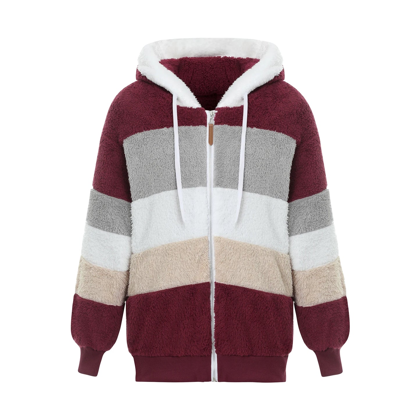 New Fashion Women Contrast Color Hooded Coat, Long Sleeve Zip-up Plush Tops for Spring, Autumn