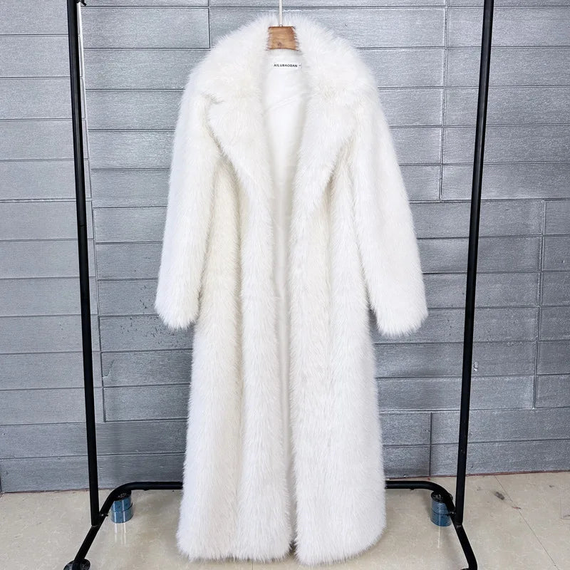 Faux Fur Coat Women Autumn Winter Large Jacket Overcoat Turn Down Collar Soild Maxi Coats Thick Warm Long Jackets Clothing 2025