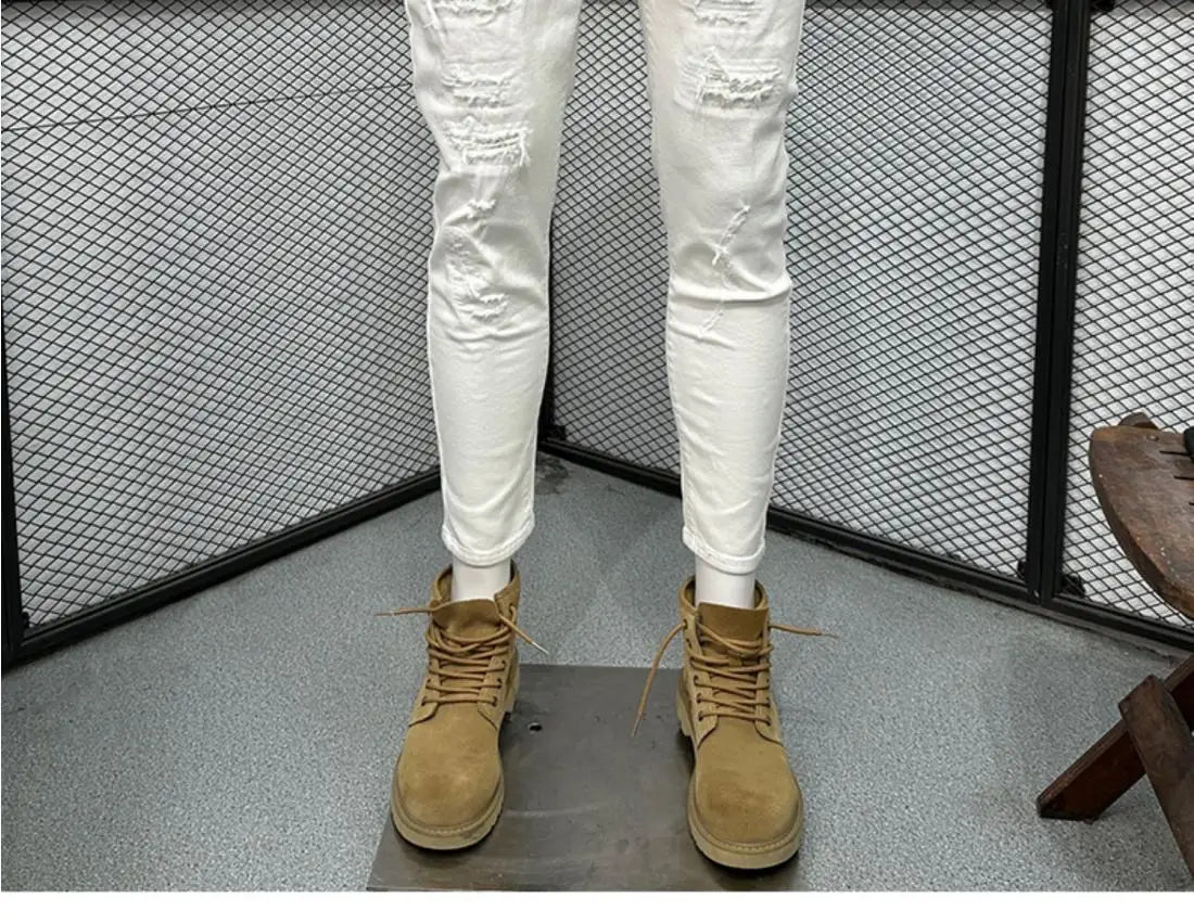 White Scratched Jeans Men's Spring and Autumn 2026 New Trendy Brand Slim-fitting Pants Fashion Ripped Pants Pantalones Hombre