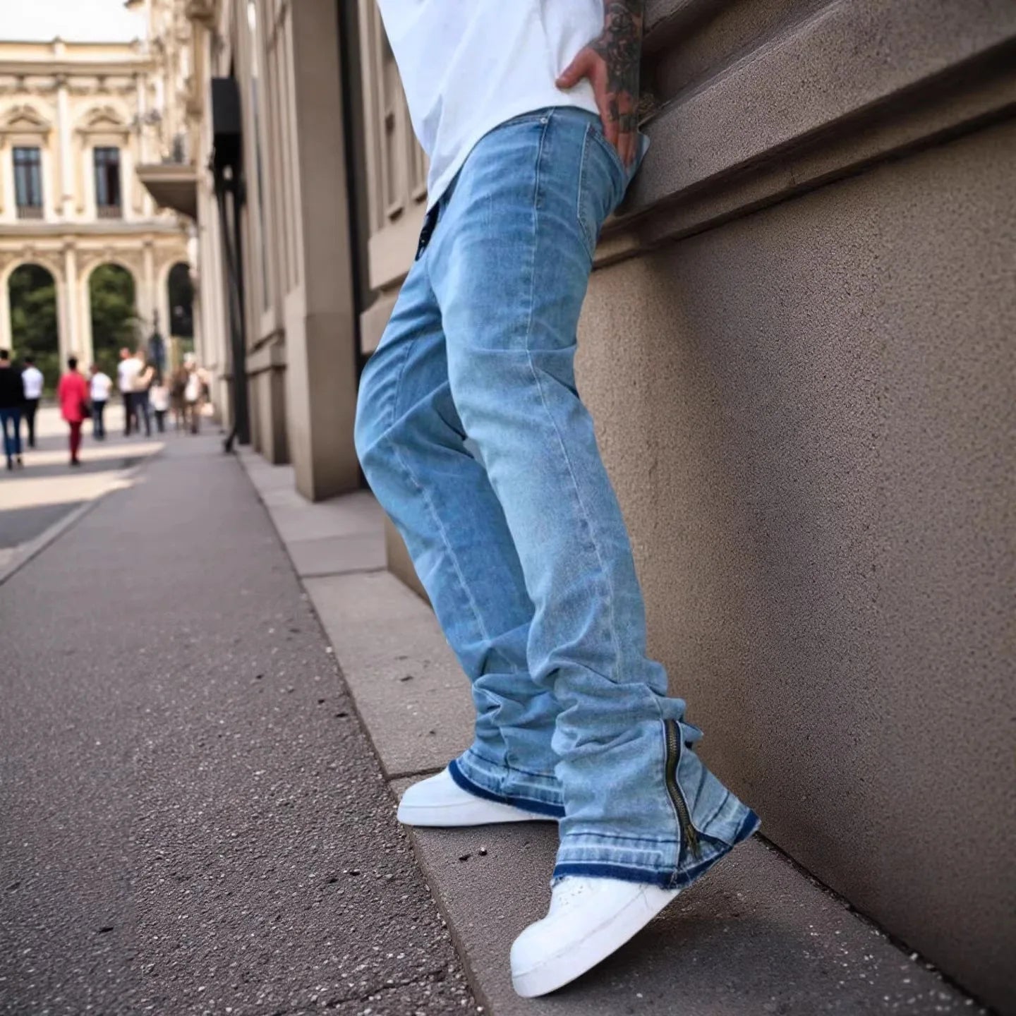 Mens Washed Light Blue Jeans Loose Straight Leg Bell Bottom Pants High Street Fashion Casual Trousers