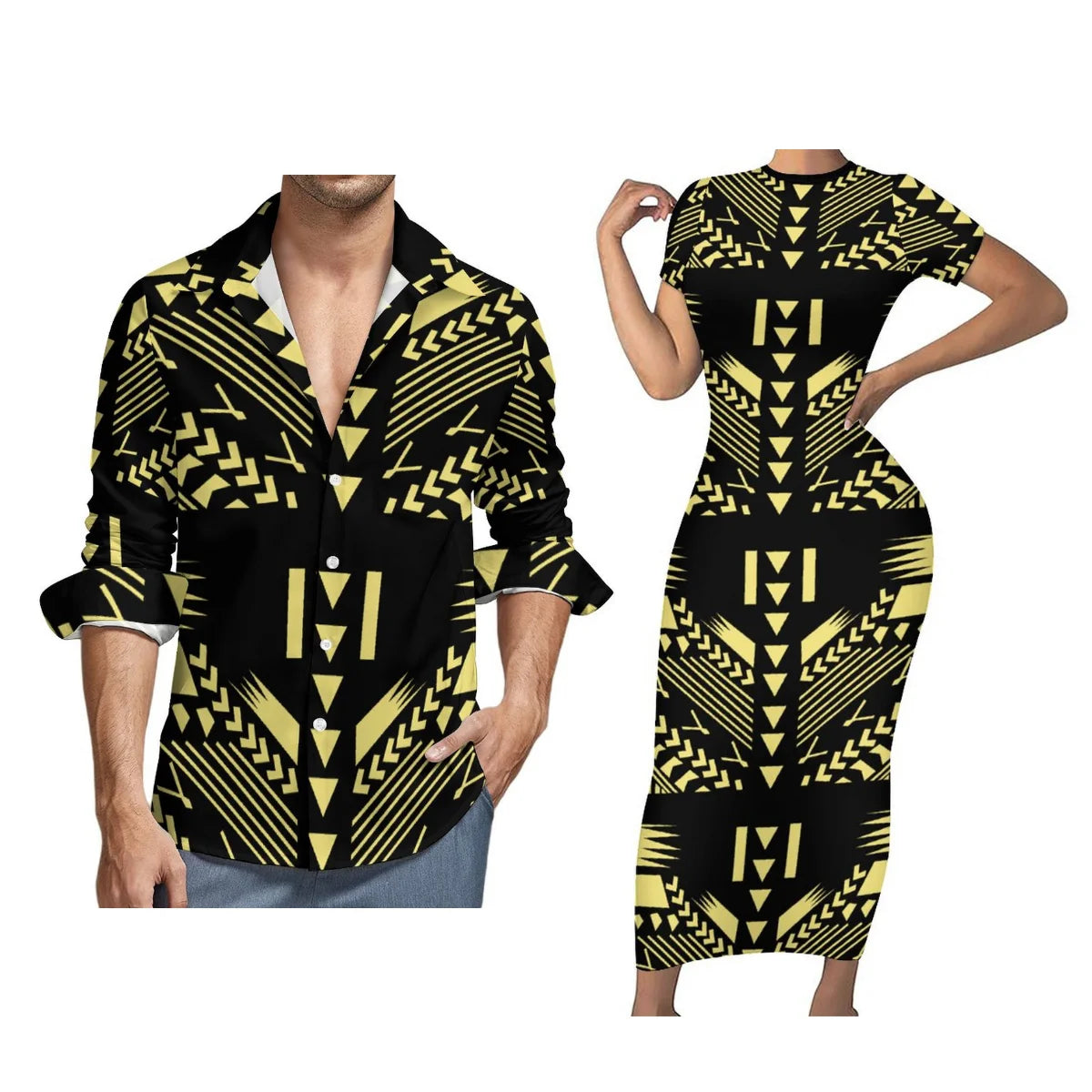 Women Polynesian Tight Short Sleeve Dress Samoan Style Men Long Sleeve Shirt Green Blue Printed Couple Suit