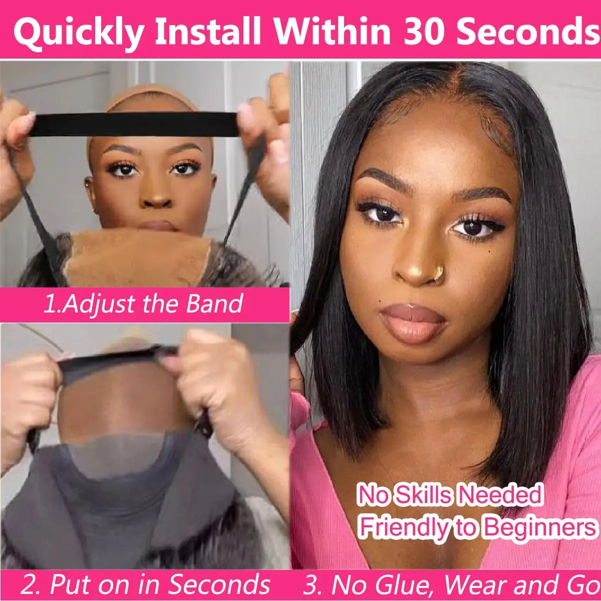 Wear And Go Glueless Wigs Echthaar Bob Glatt Vorgeschnittene Lace Front Wigs Echthaar Verbesserte Klebstofffreie Lace Front Wigs für Frauen