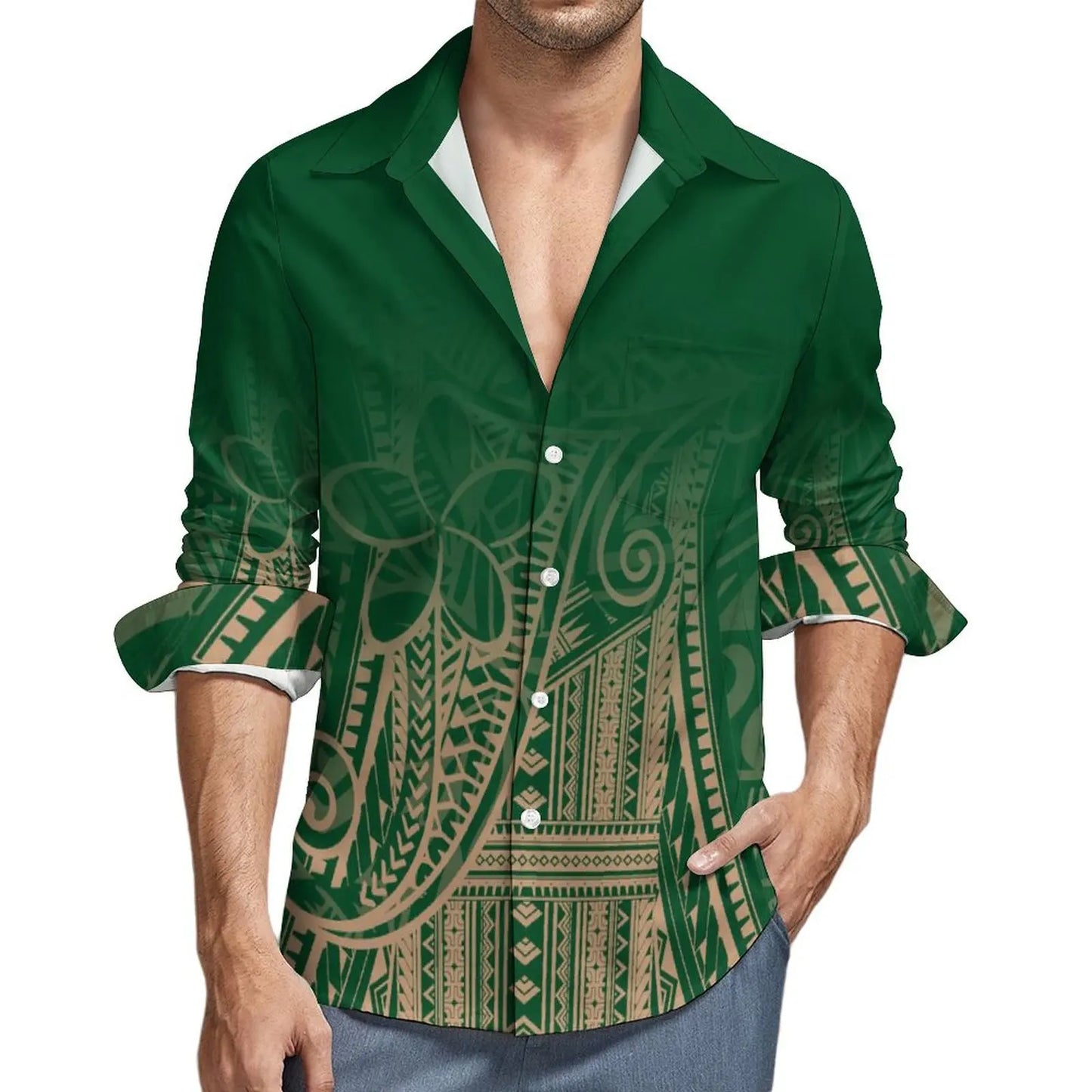 Women Polynesian Tight Short Sleeve Dress Samoan Style Men Long Sleeve Shirt Green Blue Printed Couple Suit