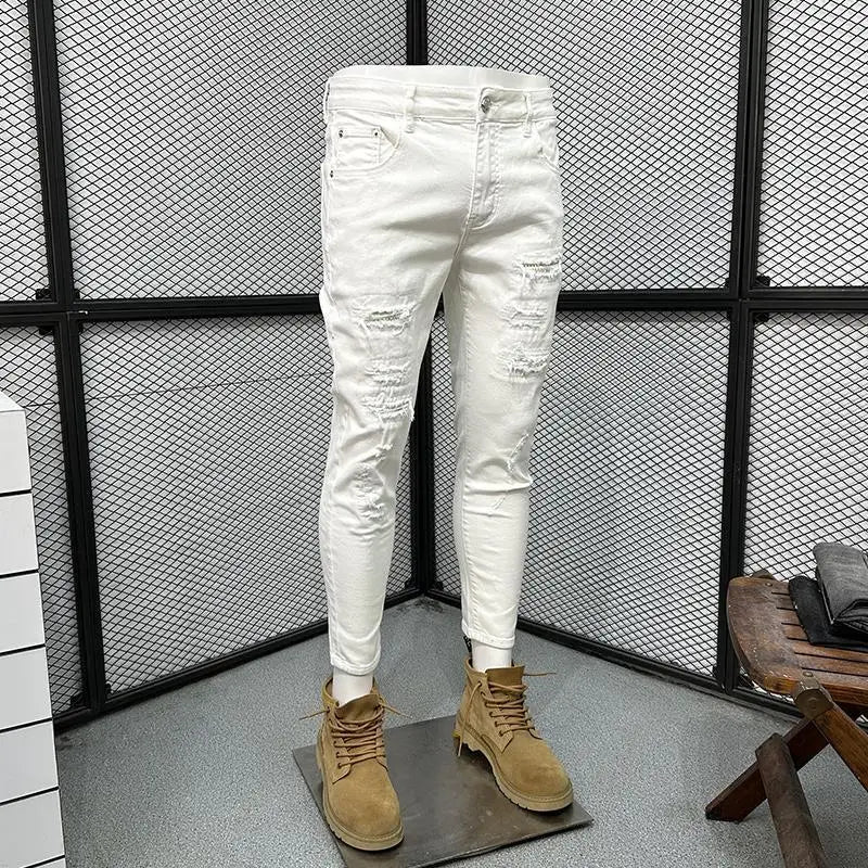 White Scratched Jeans Men's Spring and Autumn 2026 New Trendy Brand Slim-fitting Pants Fashion Ripped Pants Pantalones Hombre