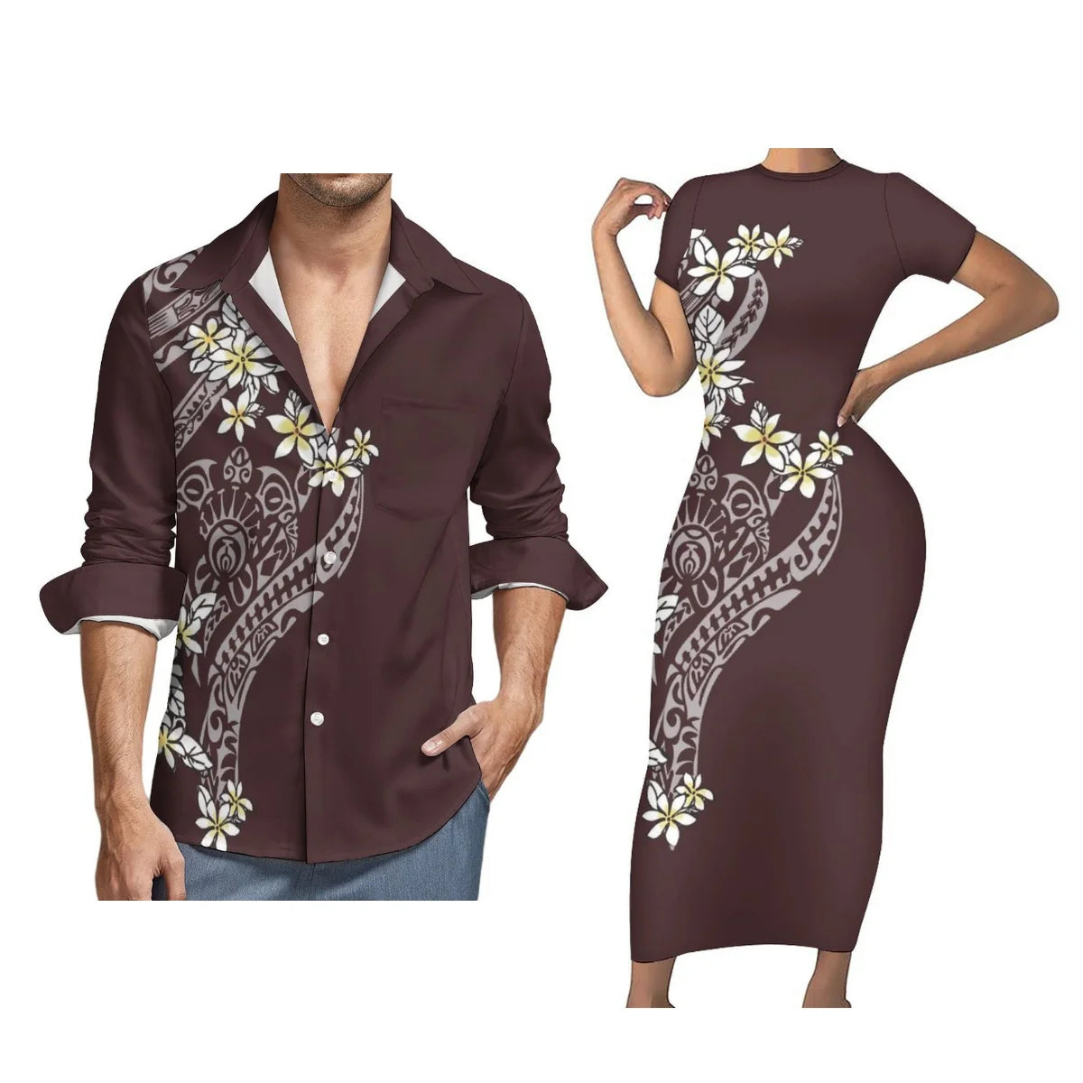Women Polynesian Tight Short Sleeve Dress Samoan Style Men Long Sleeve Shirt Green Blue Printed Couple Suit