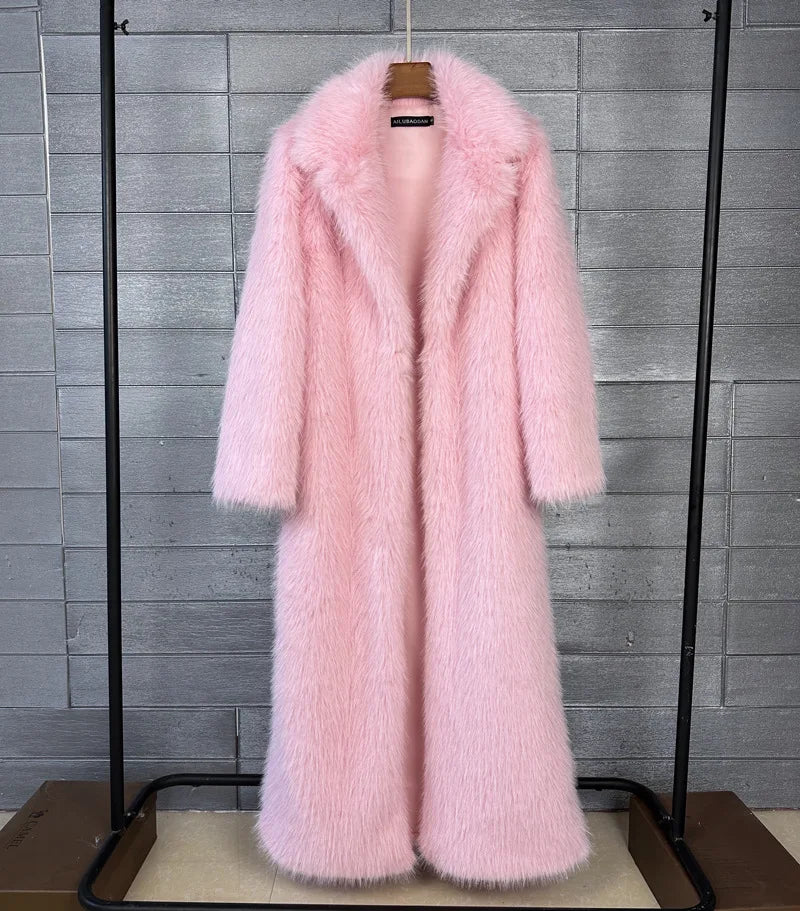 Faux Fur Coat Women Autumn Winter Large Jacket Overcoat Turn Down Collar Soild Maxi Coats Thick Warm Long Jackets Clothing 2025