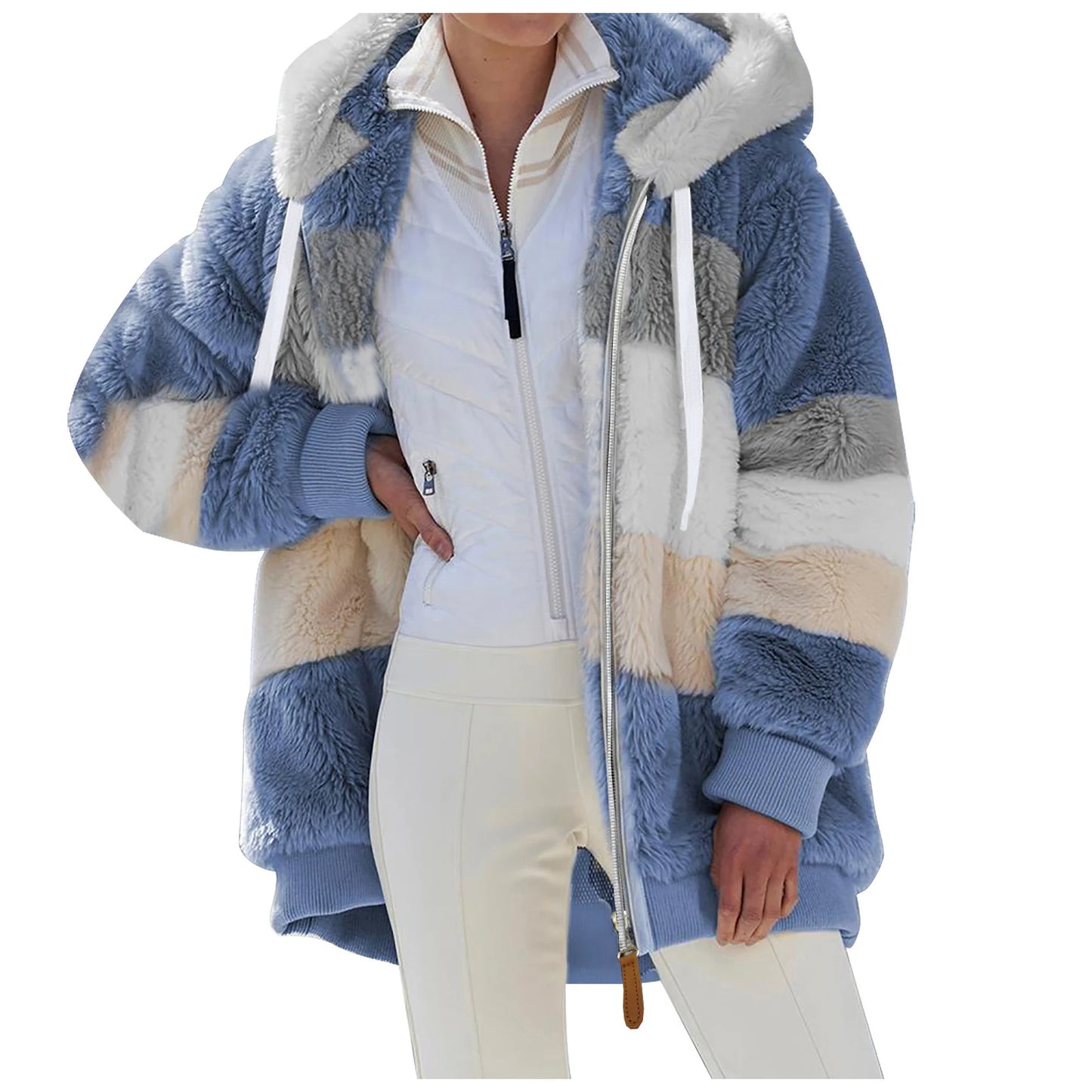New Fashion Women Contrast Color Hooded Coat, Long Sleeve Zip-up Plush Tops for Spring, Autumn