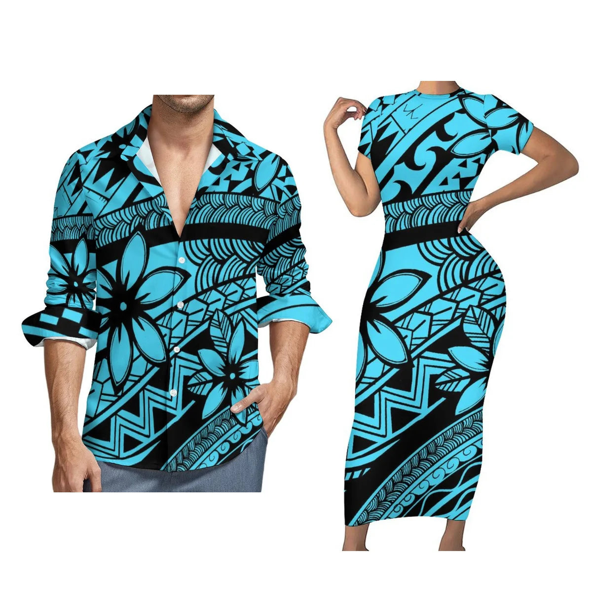 Women Polynesian Tight Short Sleeve Dress Samoan Style Men Long Sleeve Shirt Green Blue Printed Couple Suit