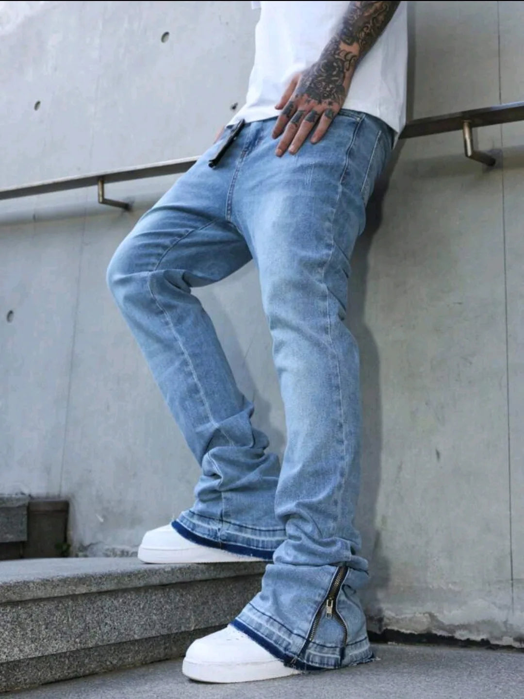Mens Washed Light Blue Jeans Loose Straight Leg Bell Bottom Pants High Street Fashion Casual Trousers