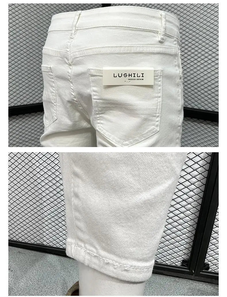 White Scratched Jeans Men's Spring and Autumn 2026 New Trendy Brand Slim-fitting Pants Fashion Ripped Pants Pantalones Hombre