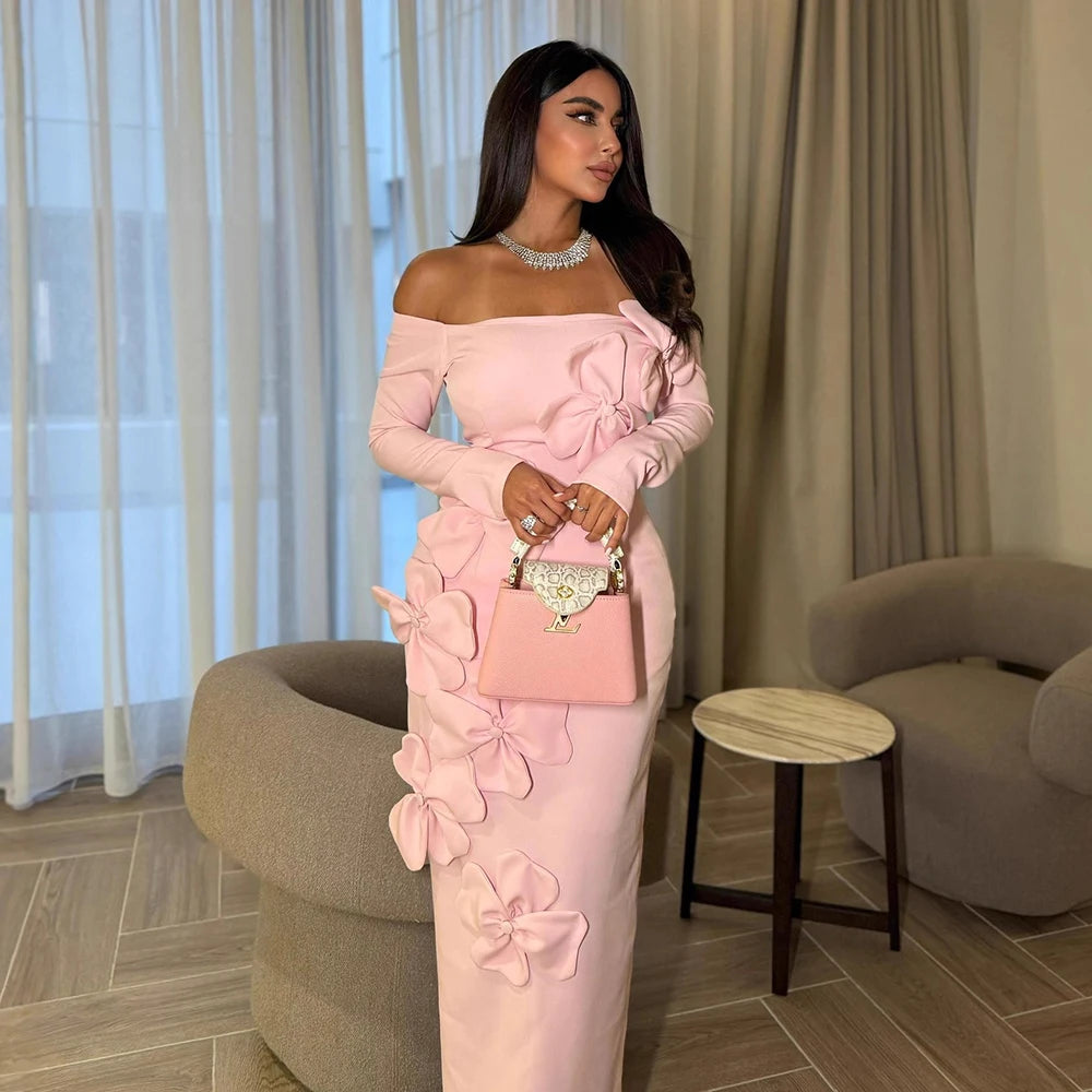 Women’s Elegant 3D Flowers Chic Evening Dress Sexy Off-Shoulder Pink Long Sleeve High Waist Cocktail Party Prom Robe Maxi Dress