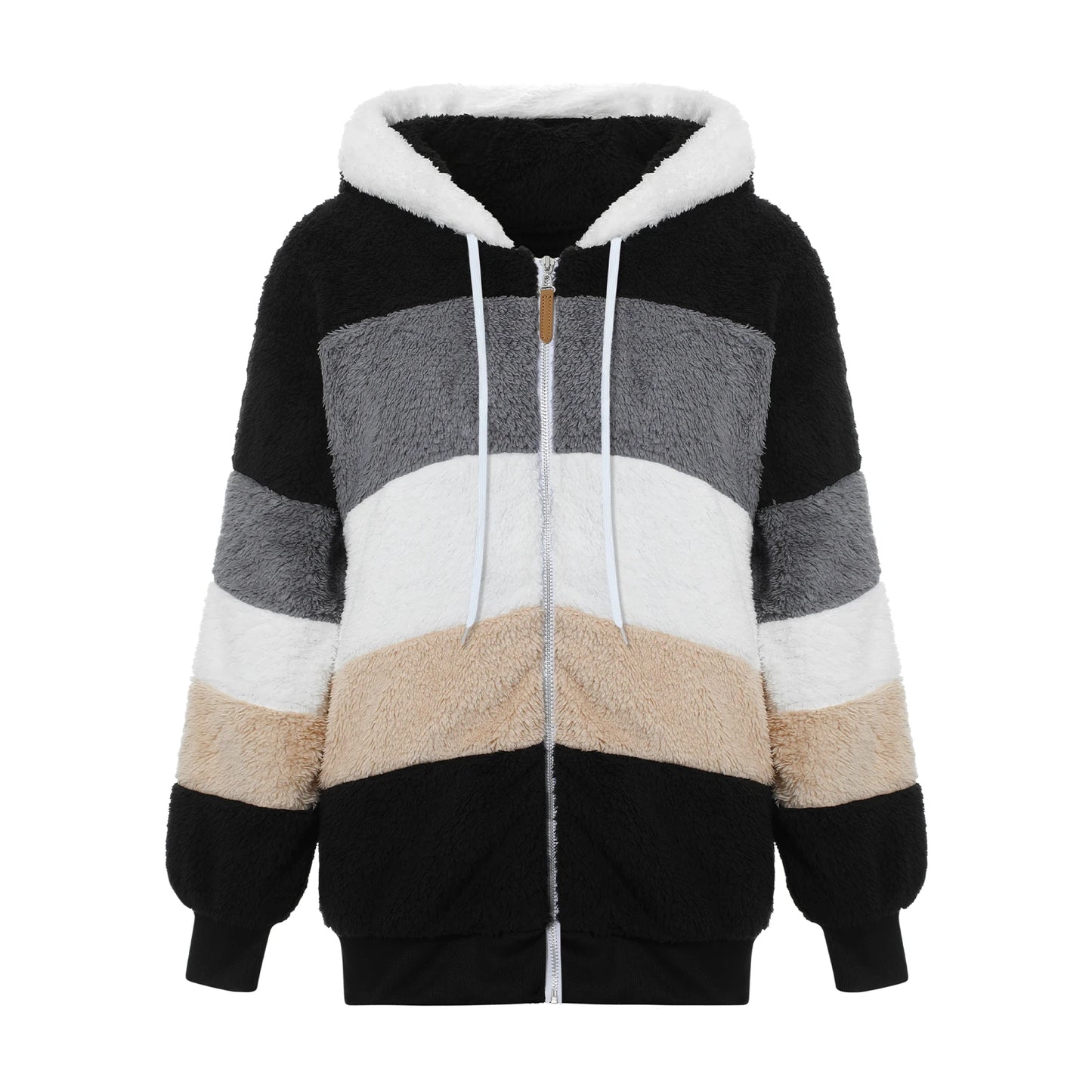 New Fashion Women Contrast Color Hooded Coat, Long Sleeve Zip-up Plush Tops for Spring, Autumn